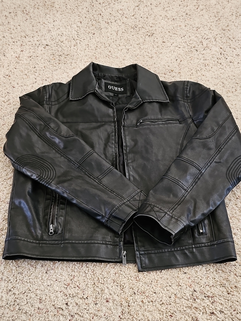 GUESS Men's Black Faux Leather Bomber Jacket